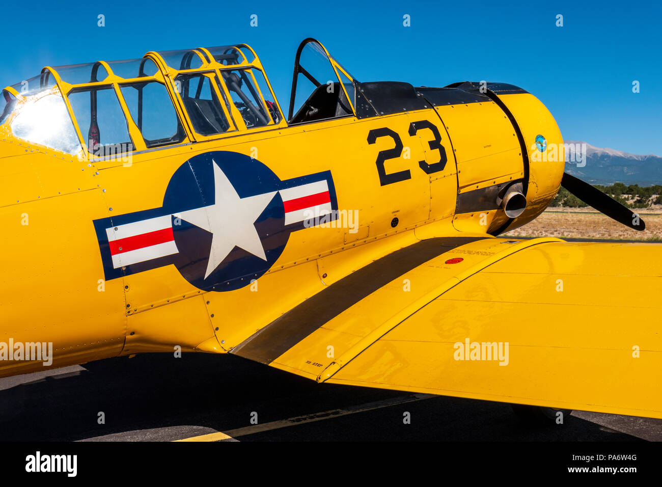 La North American Aviation T-6 texano; SNJ-5; Harriett Alexander campo; air show; Salida; Colorado; USA Foto Stock