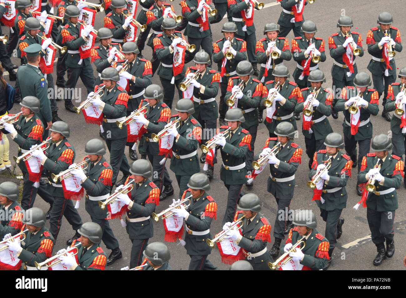 Bogotà, Colombia.20 luglio 2018, Bogotà, Colombia - banda militare presso il colombiano di Giorno di Indipendenza parata militare Credito: James Wagstaff/Alamy Live News Foto Stock