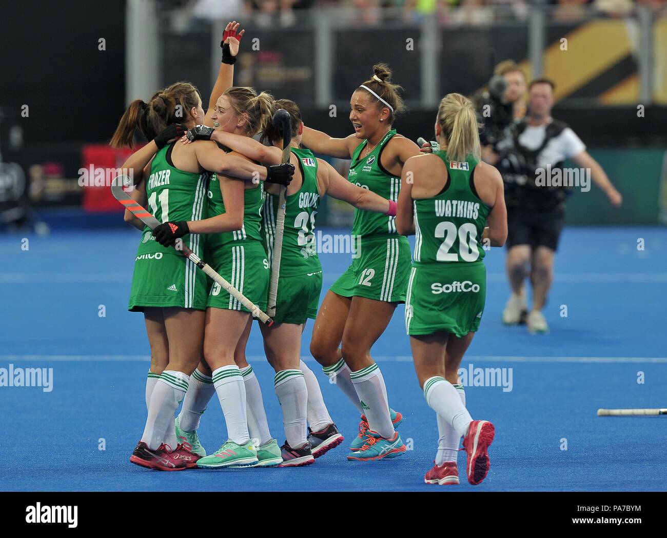 Londra, Regno Unito. Il 21 luglio 2018. Gli irlandesi celebrano alla fine del gioco. Stati Uniti d'America V Irlanda. Abbina 3. Piscina B. Womens Hockey World Cup 2018. Lee Valley hockey center. Queen Elizabeth Olympiv Park. Stratford. Londra. Regno Unito. 21/07/2018. Credito: Sport In immagini/Alamy Live News Foto Stock
