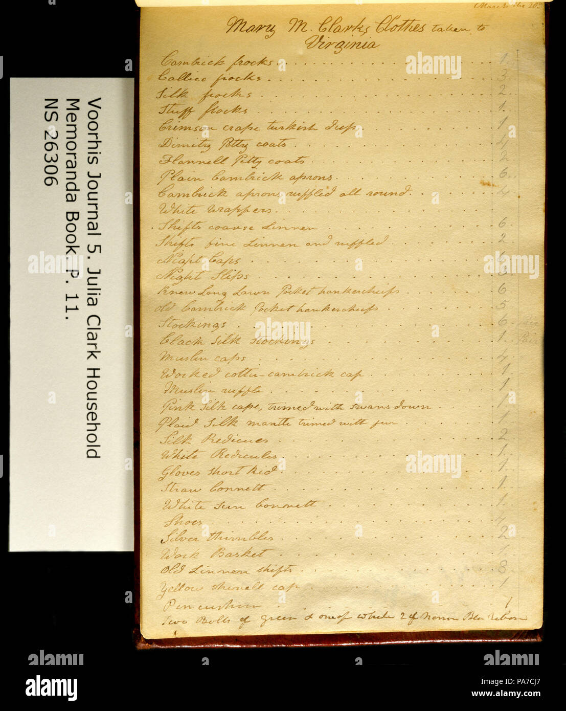 320 Clark Collezione Famiglia- Volume 5. Voorhis Gazzetta n. 5, elettrodomestico memorandum libro di Julia Clark, pagina 11, ca. 1820 Foto Stock