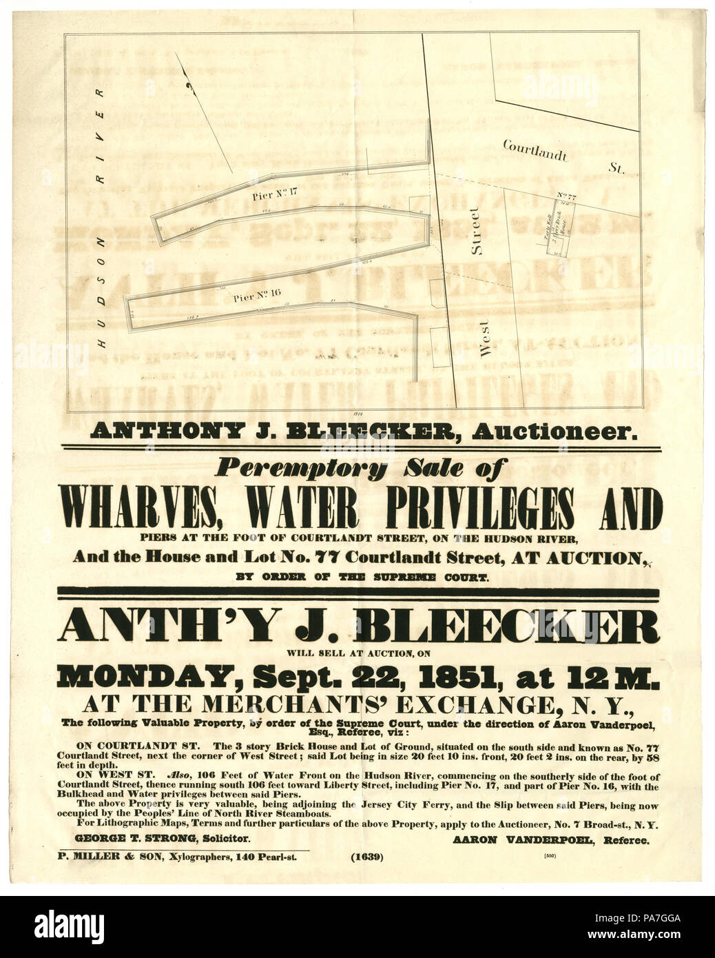 249 costeggiata annunciando perentorio Vendita di banchine, acqua privilegi e pontili ai piedi della strada Courtlandt sul fiume Hudson, 22 Settembre 1851 Foto Stock