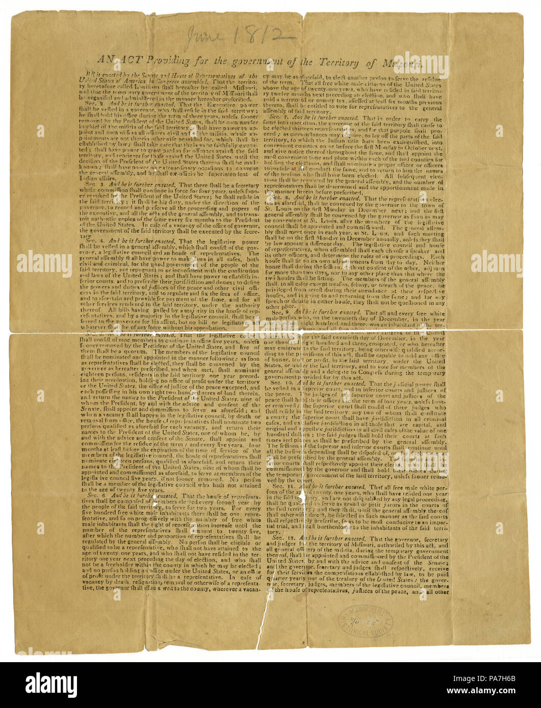 249 costeggiata- "un atto fornire per il governo del Territorio del Missouri", 4 giugno 1812 Foto Stock