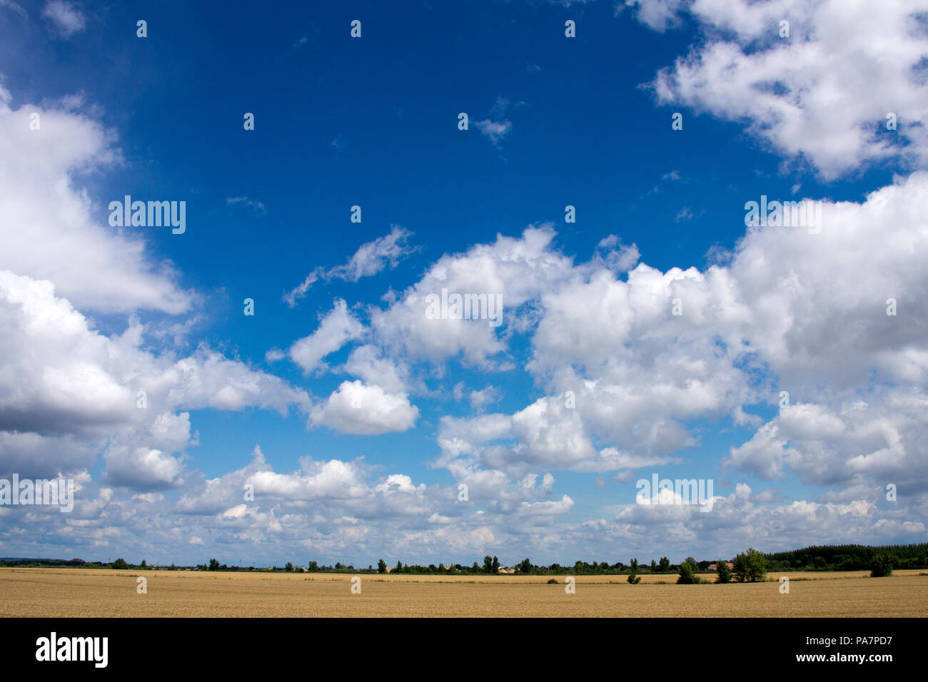 Bellissimo cielo blu con nuvole nella grande pianura ungherese Foto Stock