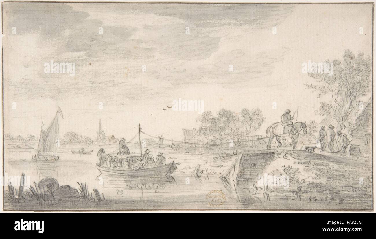 Scena di fiume con Towboat. Artista: Jan van Goyen (Olandese, Leiden 1596-1656 l'AIA). Dimensioni: 4 11/16 x 8 7/16 in. (11,9 x 21,4 cm). Data: 1653. Museo: Metropolitan Museum of Art di New York, Stati Uniti d'America. Foto Stock