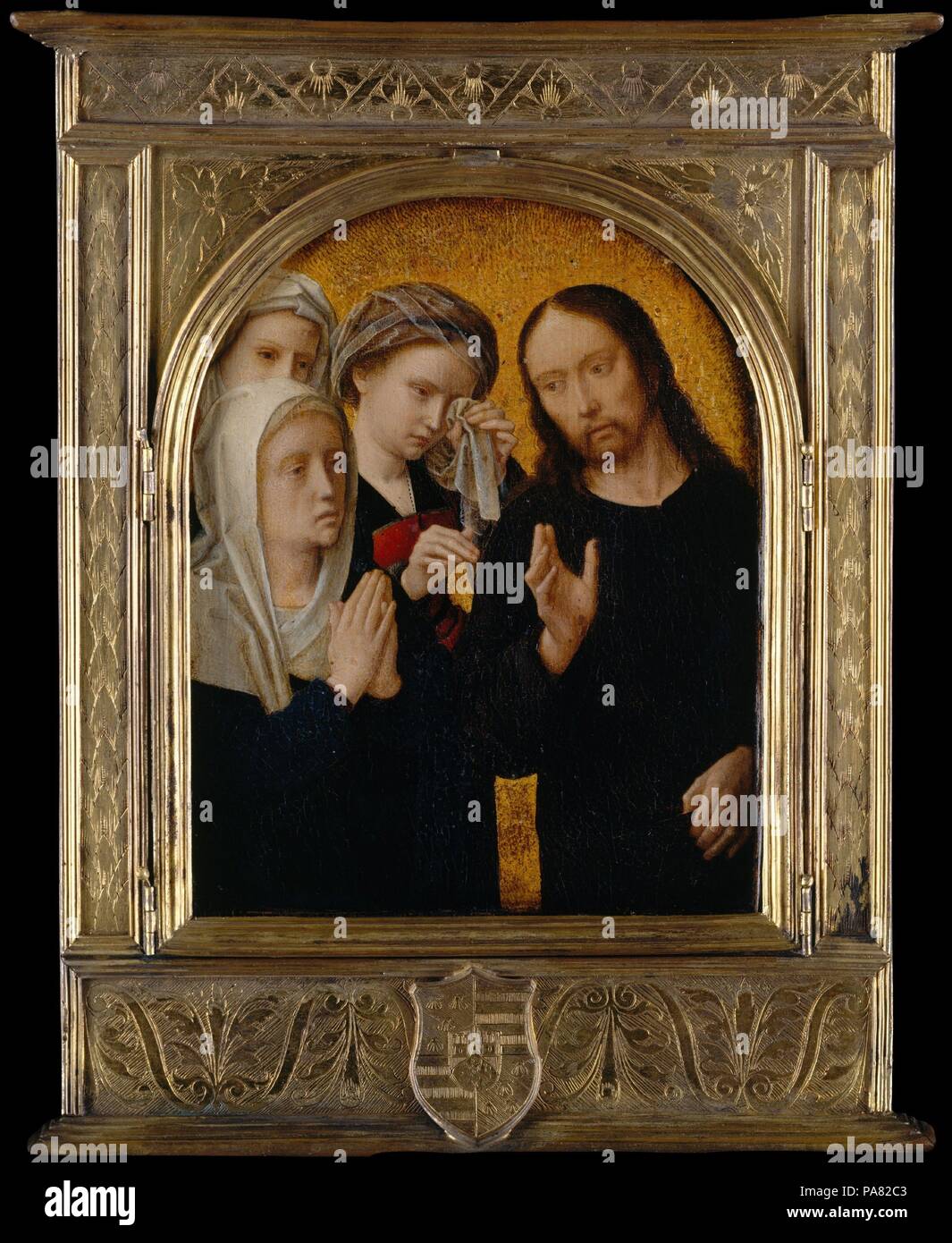 Cristo Prendendo congedo da sua madre. Artista: Gerard David (Netherlandish, Oudewater ca. 1455-1523 Bruges). Dimensioni: arcuato superiormente, 6 1/8 x 4 3/4 in. (15,6 x 12,1 cm). Data: ca. 1500. David ha lavorato anche come un manoscritto di illuminatore, una specialità si riflette in questa immagine la delicatezza dell'esecuzione. Il pannello--ora in una cornice moderna--formata inizialmente l'ala destra di un dittico devozionali che sarebbe vicino come un libro e pertanto potrebbe essere facilmente utilizzato da un passeggero durante il viaggio. Mentre il suo pendant (Bearsted collection, Upton House, Warwickshire) ha sottolineato la relazione amorosa tra la Vergine e il bambino Foto Stock