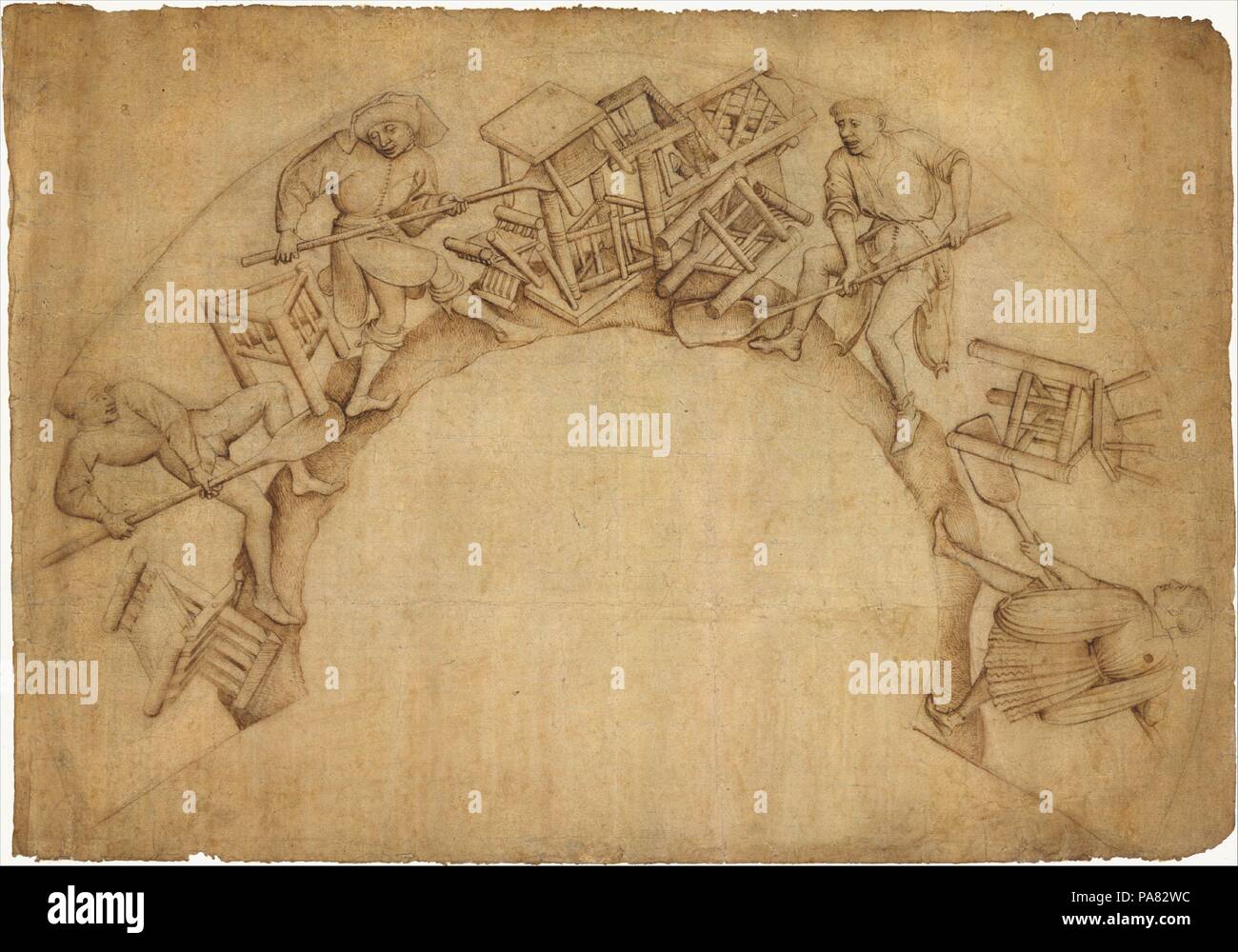 Gli uomini spalare sedie (Scupstoel). Artista: Cerchio di Rogier van der Weyden, eventualmente Vranke van der Stockt (Netherlandish, ca. 1420-1495). Dimensioni: 11 13/16 x 16 3/4 in. (30,0 x 42,6 cm). Data: 1444-50. Questo straordinario disegno - tra i pochi extant del quindicesimo secolo progetta per representational scultura - è uno studio per uno di narrativa Tre capitelli intagliati per la città di Bruxelles Sala tra 1444 e 1450. Il soggetto è un gioco di parole sulla parola scupstoel (letteralmente 'siglù chair"), un aggeggio utilizzato per la Pubblica umiliazione in cui criminali sono state sollevate al di sopra dell'acqua e sono quindi scesi a. Scupsto Foto Stock