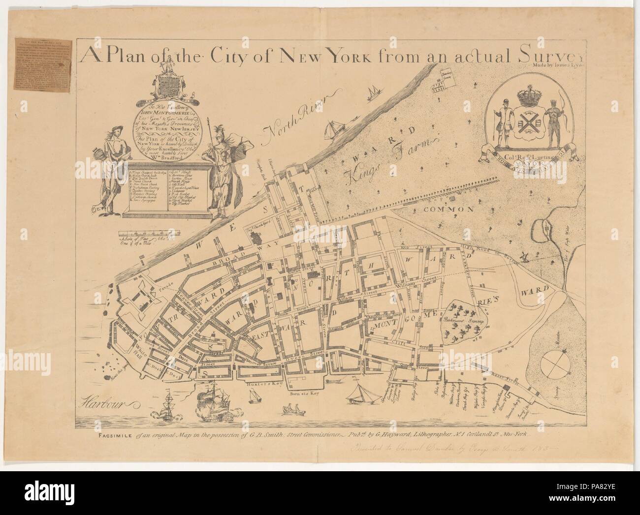 Un piano della città di New York da una vera e propria indagine effettuata da James Lyne, 1728. Artista: Dopo James Lyne (British, attivo 1728). Dimensioni: immagine: 16 11/16 x 21 7/8 in. (42,4 x 55,6 cm) foglio: 19 7/8 x 27 1/4 in. (50,5 x 69,2 cm). Editore: pubblicato da George Hayward (American (nato in Inghilterra), ca. 1800-ca. 1872). Data: 1834-72. Museo: Metropolitan Museum of Art di New York, Stati Uniti d'America. Foto Stock