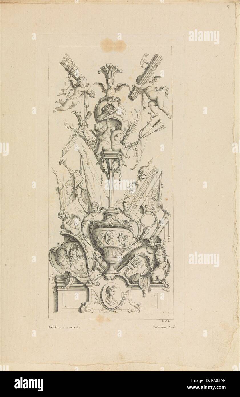 Trophées Nouvellement Inventez par J.B. Toro. Progettista: Jean Bernard Toro (francese di Digione 1672-1731 Tolone). Dimensioni: Piastra: 12 3/4 x 6 3/8 in. (32,4 × 16,2 cm) foglio: 15 7/8 × 11 7/16 in. (40,4 × 29 cm). Incisore: Charles Nicolas Cochin I (francese, Parigi Parigi 1688-1754). Editore: Jacques-Nicolas Le Pas Dubuisson (Francese, 1663-1733). Data: 1716. Museo: Metropolitan Museum of Art di New York, Stati Uniti d'America. Foto Stock