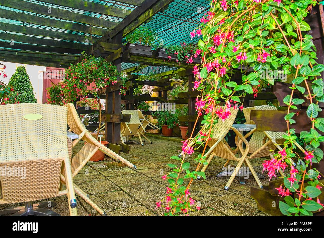 Abbandonata la terrazza esterna del ristorante. Piccolo giardino del ristorante. Stile giardino. Foto Stock