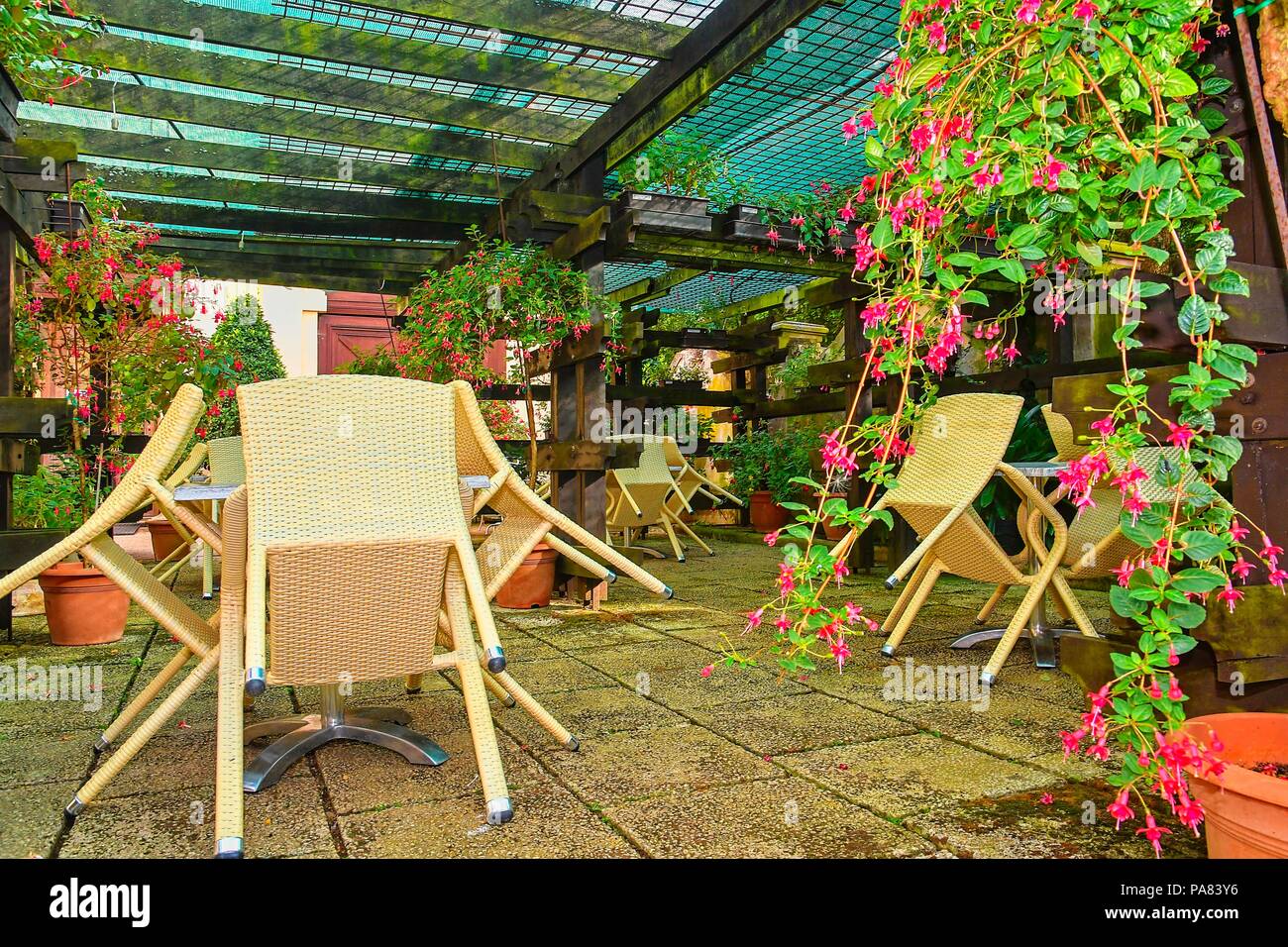 Abbandonata la terrazza esterna del ristorante. Piccolo giardino del ristorante. Stile giardino. Foto Stock