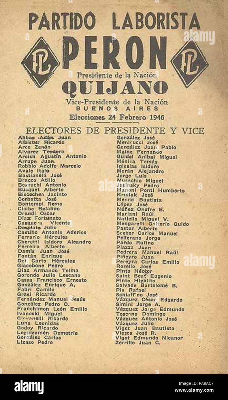 40 Boleta 1946 elettorale - partito laborista - Perón - Quijano Foto Stock