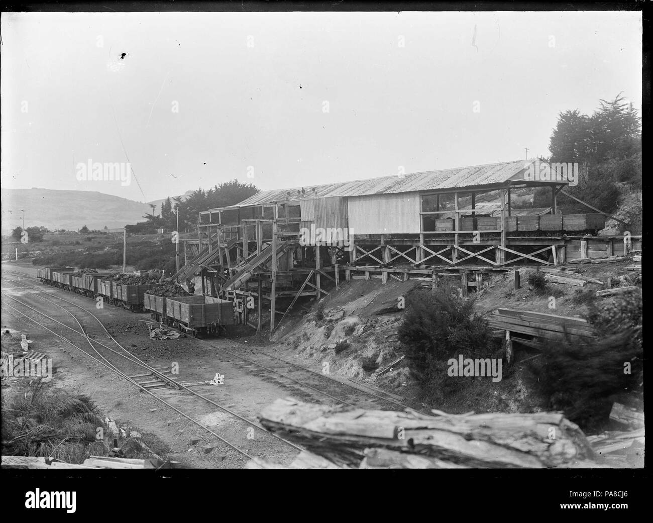 53 carbone essendo caricati in vagoni ferroviari attraverso scivoli, a Sella Hill, Dunedin. ATLIB 292078 Foto Stock