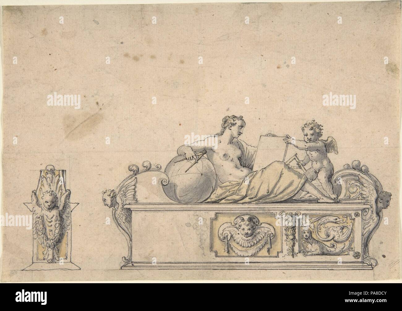 Allegoria della geometria. Artista: Hans Krumpper (tedesco, Weilheim ca. 1570-1643 Monaco di Baviera). Dimensioni: foglio: 5 3/8 x 7 11/16 in. (13,7 x 19,5 cm). Data: fine XVI-inizio XVII secolo. Museo: Metropolitan Museum of Art di New York, Stati Uniti d'America. Foto Stock