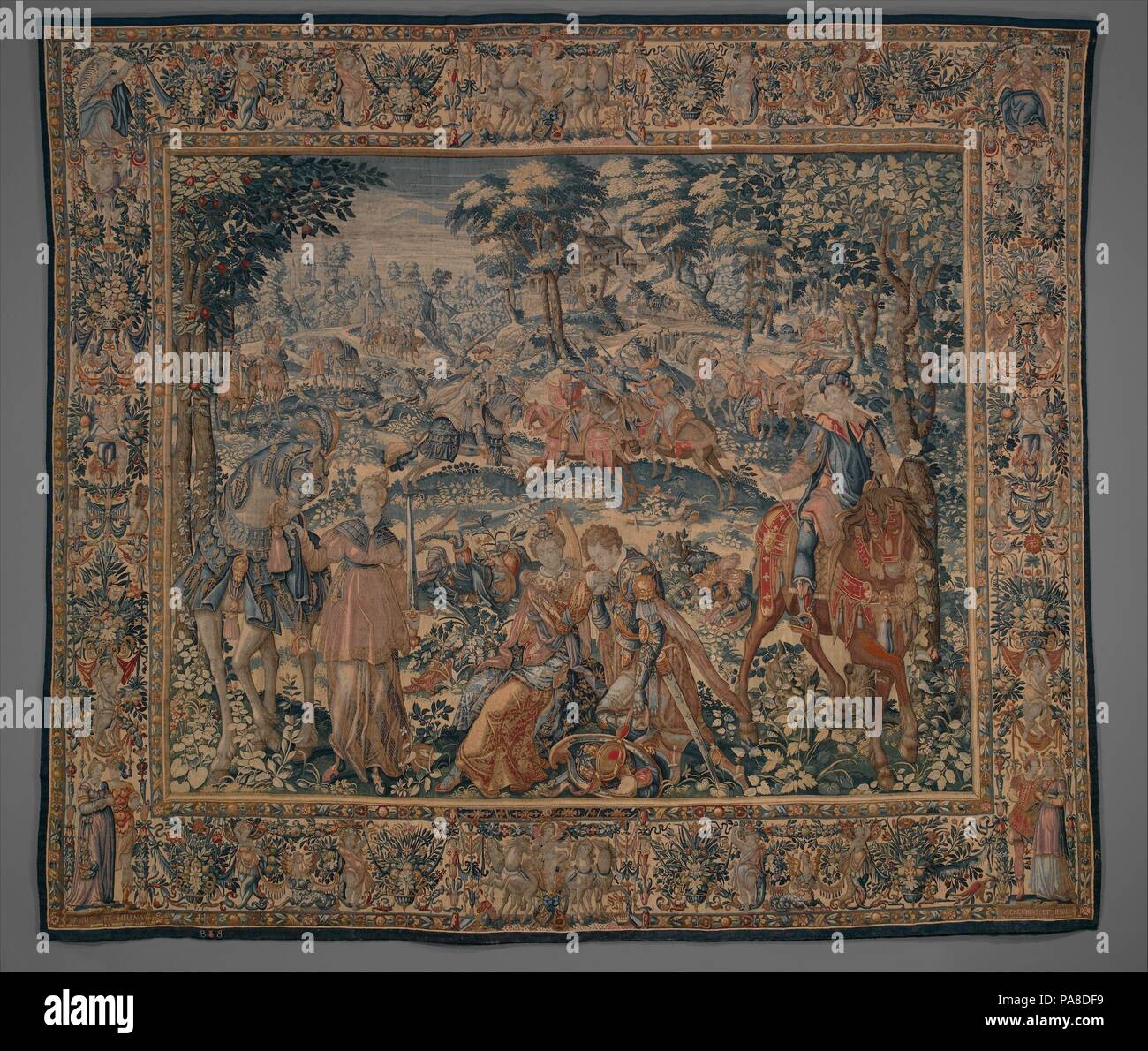 La liberazione di Oriane da un set di Amadis della Gallia. Cultura: Olandese, Delft. Progettista: progettato da Karel van Mander I (Netherlandish, Meulebeke 1548-1606 Amsterdam). Dimensioni: complessiva (conferma): H. 139 x W. 159 1/4 in. (353.1 x 404.5 cm.). Autore: laboratorio di tessitura diretto da Frans Spiering (fiammingo, 1551-ca. 1630). Data: ca. 1590-95. Questo arazzo raffigura scene da Amadis di Gallia, un romanzo cavalleresco che ha goduto di grande popolarità in corte europea cerchi nel tardo XVI secolo. Amadis, un cavaliere dalla Gallia, è caduto nell'amore con Oriane, figlia del re d'Inghilterra, ma lei Foto Stock