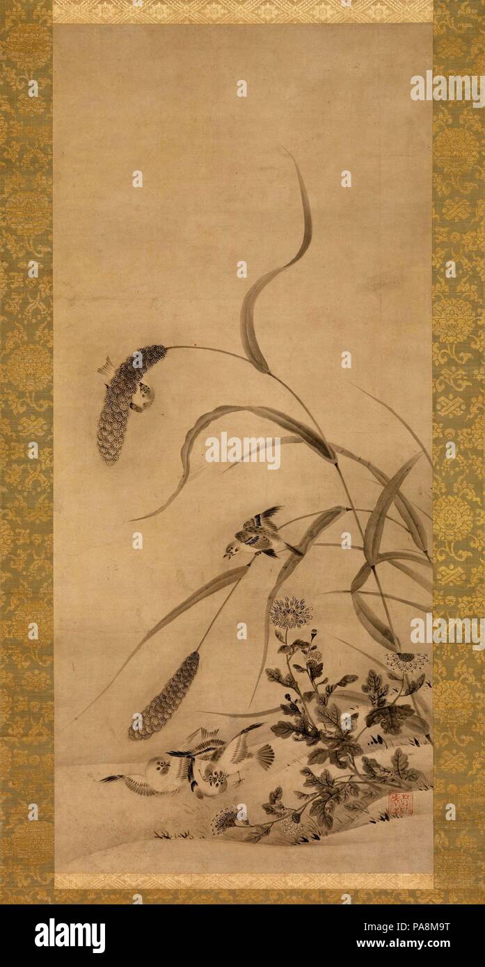Miglio e passeri. Artista: Geiai (attivo a metà del XVI secolo). Cultura:  il Giappone. Dimensioni: Immagine: 39 9/16 × 17 5/8 in. (100,5 × 44,8 cm)  in generale con le manopole: 75