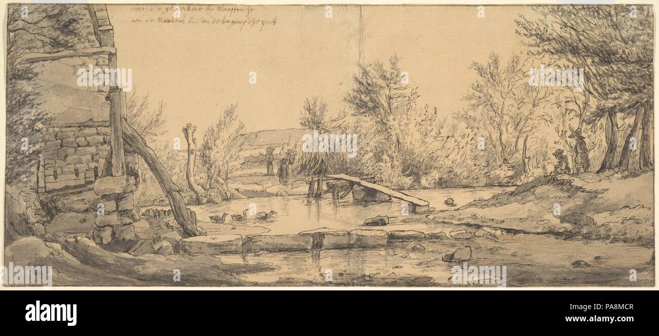 Mulino ad acqua vicino a Maastricht. Artista: Valentijn Klotz (Olandese, ca. 1650-1718 L'Aia). Dimensioni: foglio: 6 1/8 x 14 1/16 in. (15,6 x 35,7 cm). Data: 1670. Museo: Metropolitan Museum of Art di New York, Stati Uniti d'America. Foto Stock