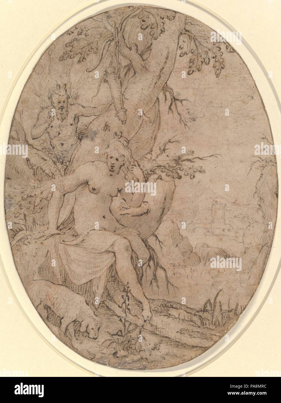 Diana e un Satiro Leering in una foresta. Artista: Paulus Willemsz. van Vianen (Netherlandish, Utrecht ca. 1570-ca. 1613/14 Praga). Dimensioni: foglio: 5 1/4 × 4 a. (13,4 × 10,1 cm). Ex attribuzione: Adam van Vianen I (Olandese, Utrecht ca. 1568/69-1627 Utrecht). Data: ca. 1600. Museo: Metropolitan Museum of Art di New York, Stati Uniti d'America. Foto Stock