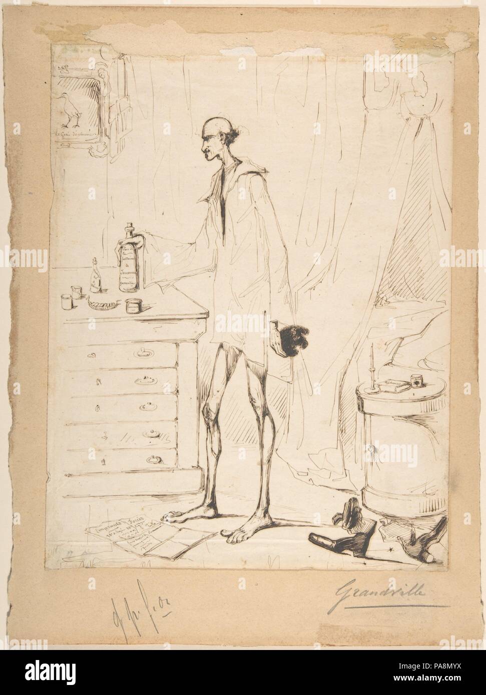 Uomo in un Nightshirt raggiungendo per un flacone etichettato 'Fontana della giovinezza". Artista: J. J. Grandville (francese, Nancy 1803-1847 Vanves). Dimensioni: foglio: 11 7/8 x 9 3/16 in. (30,2 x 23,4 cm) montaggio: 14 1/2 x 10 11/16 in. (36,8 x 27,2 cm). Data: 1803-47. Museo: Metropolitan Museum of Art di New York, Stati Uniti d'America. Foto Stock