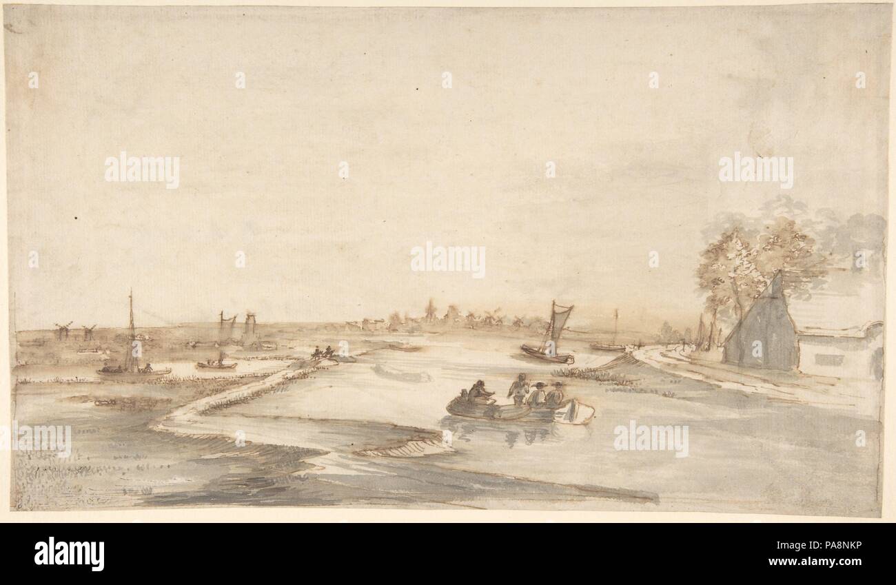 Canal Paesaggio con figure. Artista: Abraham de Verwer (Olandese, prima del 1600?-1650 Amsterdam). Dimensioni: foglio: 7 1/8 x 12 5/16 in. (18,1 x 31,2 cm). Data: del xvii secolo. Museo: Metropolitan Museum of Art di New York, Stati Uniti d'America. Foto Stock