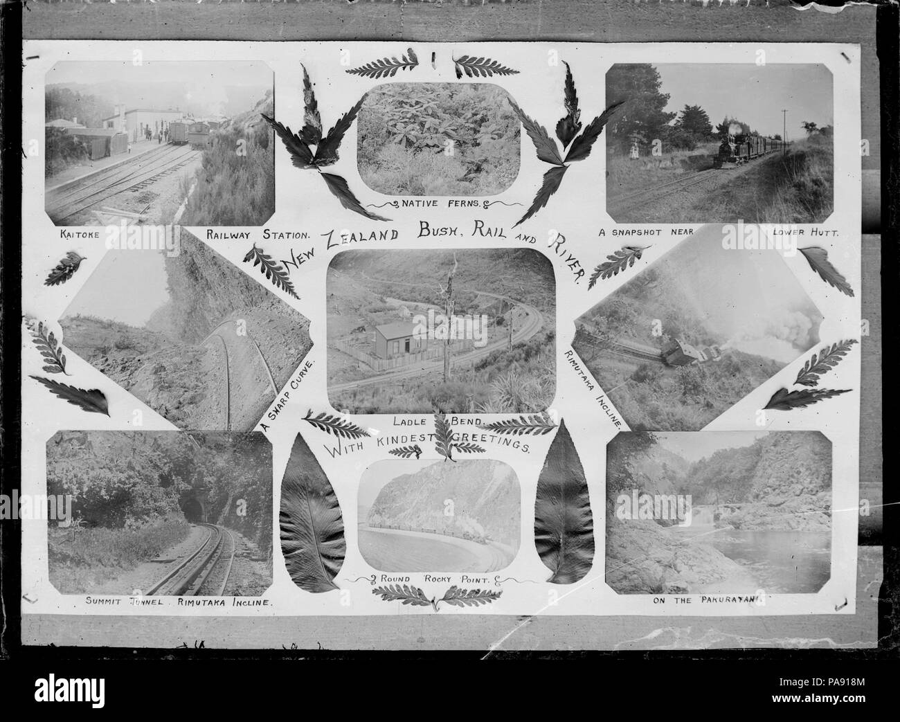 127 elemento nella forma di un biglietto di auguri con illustrazioni di Nuova Zelanda bush, ferroviario e fluviale riguardanti in particolare il Wairarapa linea ferroviaria, con un montaggio di nove fotografie ATLIB 272812 Foto Stock