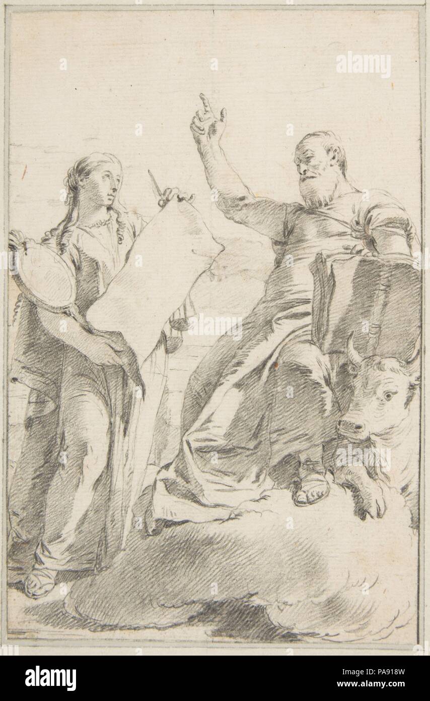 Illustrazione per un libro: san Luca con una figura allegorica femminile. Artista: Giovanni Battista Tiepolo (italiano, Venezia 1696-1770 Madrid). Dimensioni: 4-1/2 x 6-15/16 in. (11,4 x 17,6 cm). Serie/Portfolio: vedere il Metropolitan Museum of Art acc. n. 59.600.176 - 59.600.212. Data: 1696-1770. Museo: Metropolitan Museum of Art di New York, Stati Uniti d'America. Foto Stock