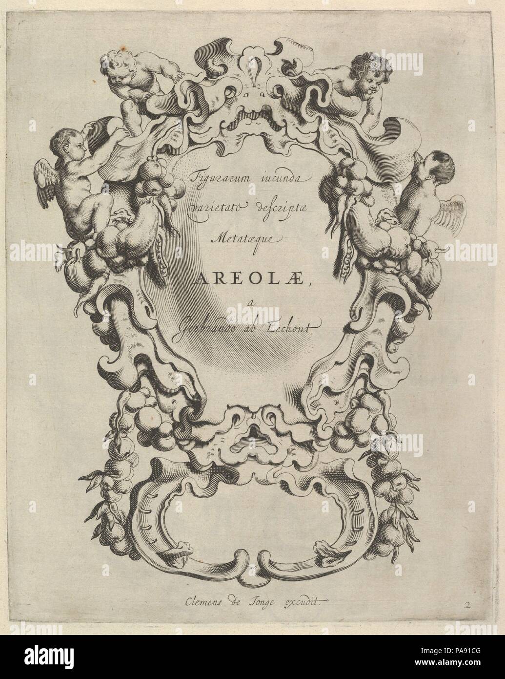 Niewe Veelderhande Compartimente (Titlepage in latino). Artista: Dopo Gerbrand van den Eeckhout (Olandese, 1621-1674 Amsterdam Amsterdam). Dimensioni: Piastra: 9 7/16 x 7 1/2 in. (24 × 19,1 cm) foglio: 14 × 11. (35,6 × 28 cm). Incisore: Michiel Mosyn (Olandese, nato 1630). Pubblicato in: Amsterdam. Editore: pubblicato da Clement de Jonghe (Olandese, Brunsbüttel (Landkreis Dithmarschen) 1624/1625-1677 Amsterdam) , Amsterdam. Data: [ca. 1650-74]. Il pittore Gerbrand van den Eeckhout ha agito come designer per diverse serie di stampa mostra cartouches e arte decorativa oggetti in stile auricolari. Questo Foto Stock