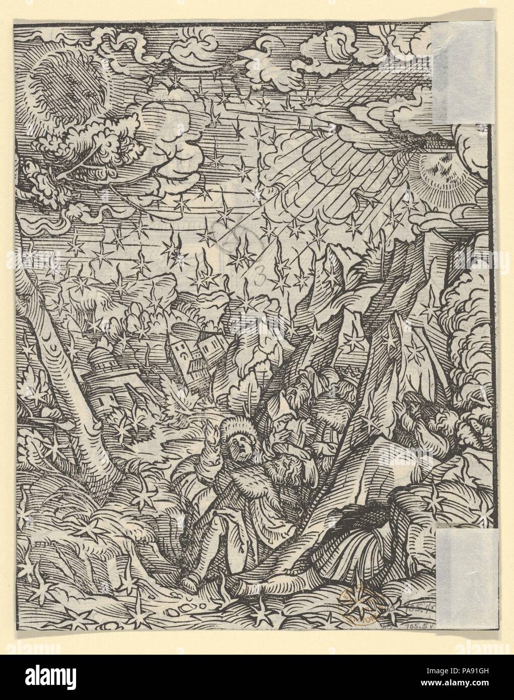 Il retro del foglio con la Fire-Rain, dall'Apocalisse. Artista: Hans Burgkmair (tedesco, Augsburg 1473-1531 Augusta). Dimensioni: foglio: 6 7/16 x 5 1/16 in. (16,3 × 12,9 cm). Pubblicato in: Augsburg. Editore: Silvan Otmar (tedesco, attivo di Augsburg, 1513-40). Serie/Portfolio: l'Apocalisse. Data: 1523-24. La piastra 5 da una serie di 21 xilografie con scene dell'Apocalisse per Martin Lutero di traduzione del Nuovo Testamento. In quattro edizioni sono state pubblicate in Augsburg da Silvan Otmar tra marzo 1523 e aprile 1524. Museo: Metropolitan Museum of Art di New York, Stati Uniti d'America. Foto Stock