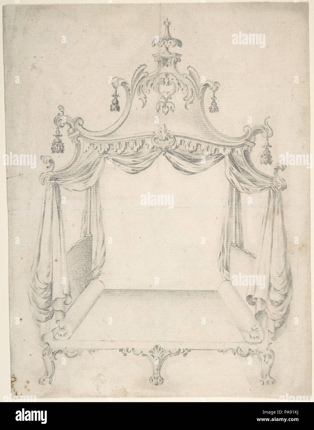 Design per un letto a baldacchino con tendaggi. Artista: Anonimo, britannici del XVIII secolo. Dimensioni: foglio: 8 3/4 x 6 3/4 in. (22,2 x 17,1 cm). Data: XVIII secolo. Museo: Metropolitan Museum of Art di New York, Stati Uniti d'America. Foto Stock