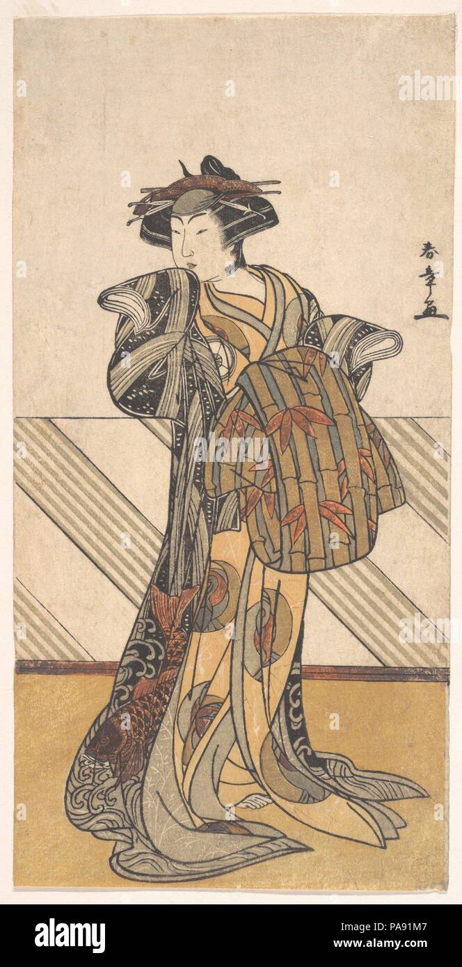 Il quarto Iwai Hanshiro come una cortigiana vestito con un kimono rosa. Artista: Katsukawa Shunsho (giapponese, 1726-1792). Cultura: il Giappone. Dimensioni: 11 23/32 x 5 3/4 in. (29,8 x 14,6 cm). Data: ca. 1778. Museo: Metropolitan Museum of Art di New York, Stati Uniti d'America. Foto Stock