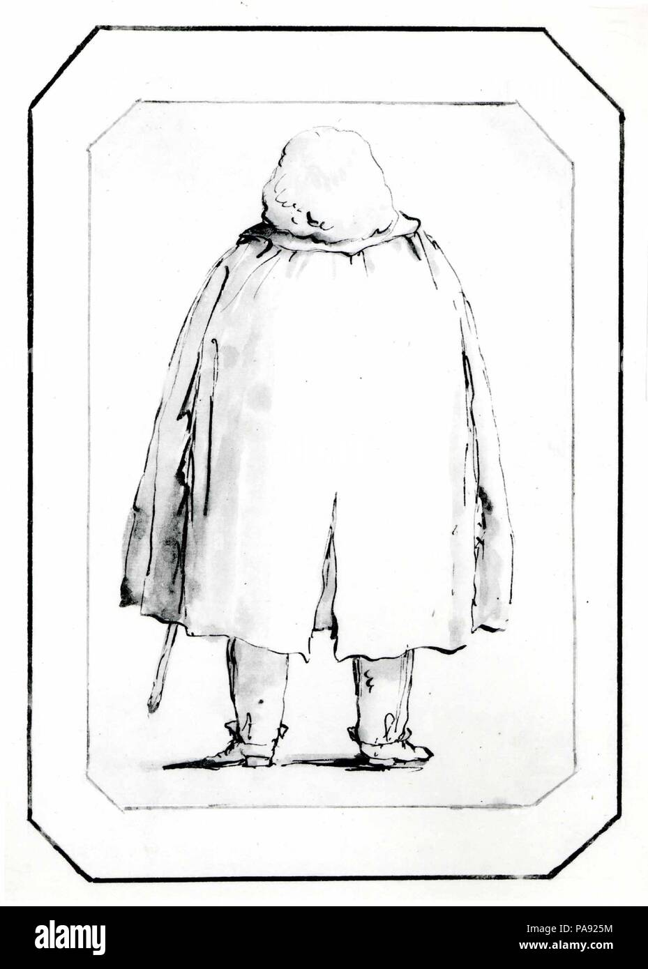 La caricatura di un uomo in un voluminoso mantello portante un bastone da passeggio, visto da dietro. Artista: Giovanni Battista Tiepolo (italiano, Venezia 1696-1770 Madrid). Dimensioni: 7 5/16 x 4 13/16 in. (18,5 x 12,2 cm). Data: 1760 (?). Museo: Metropolitan Museum of Art di New York, Stati Uniti d'America. Foto Stock