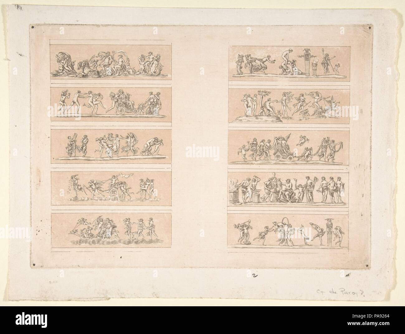 Piastra con dieci scene di Bacco). Artista: incisi da Jean Philippe Guy Le Gentil, Comte de Paroy (Francese, 1750-1824). Dimensioni: foglio: 8 7/16 x 11 1/16 in. (21,5 x 28,1 cm) piastra: 7 1/16 x 9 3/4 in. (17,9 x 24,8 cm). Museo: Metropolitan Museum of Art di New York, Stati Uniti d'America. Foto Stock