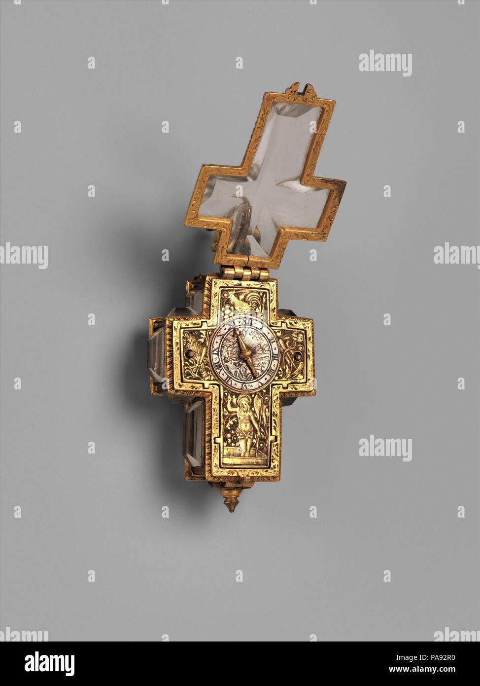 Guarda. Cultura: Swiss, Ginevra. Dimensioni: complessivo: 1 7/8 x 1 1/4 in. (4,8 × 3,2 cm). Autore: orologiaio: Anthoine Arlaud (nato ca. 1590, dopo 1641). Data: ca. 1620-30. Arlaud, un rifugiato Huguenot dal francese della Auvergne, è stato il primo di una dinastia di orologiai di Ginevra. Egli divenne un burgher a Ginevra nel 1617. La forma di questo orologio e la scena del Cristo Risorto con gli emblemi della Passione, sono sicuramente i promemoria della brevità della vita sulla terra e dell'importanza della salvezza dell'anima. Museo: Metropolitan Museum of Art di New York, Stati Uniti d'America. Foto Stock