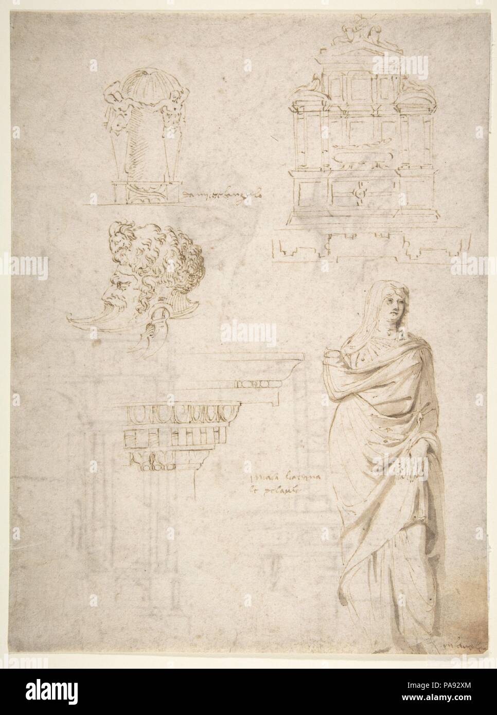 Schizzi di un monumento funebre, una nicchia con statue, un casco a forma di una testa umana, una trabeazione e una statua femminile. Artista: dopo Michelangelo Buonarroti (italiano, Caprese 1475-1564 Roma). Dimensioni: 11 1/8 x 8 3/8 in. (28,3 × 21,2 cm). Data: n.d.. Museo: Metropolitan Museum of Art di New York, Stati Uniti d'America. Foto Stock