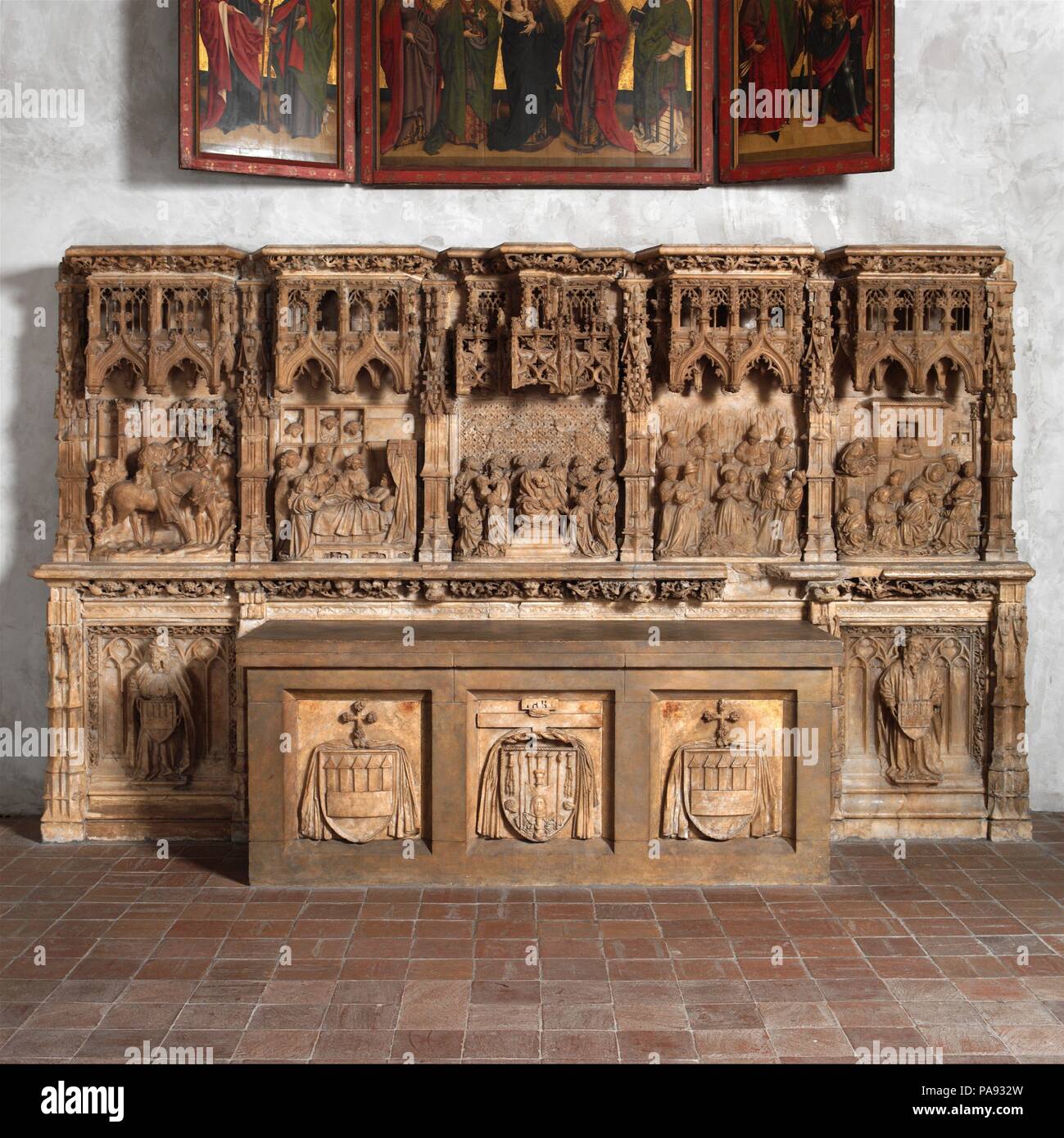 Altare predella e zoccolo di arcivescovo Don Dalmau de Mur y Cervelló. Artista: Francí Gomar (spagnolo, Aragona, attivo dal 1443-morta ca. 1492/3). Cultura: Spagnolo. Dimensioni: 7 3/4 × 7 1/2 x 6 1/4 in. (19,7 × 19,1 × 15,9 cm). Data: ca. 1456-1458. Questa massiccia struttura che si estende su cinque campate su due livelli, è stato commissionato da don Dalmau de Mur y Cervelló, arcivescovo di Saragozza dal 1434 al 1458/9, per un altare della cappella nel palazzo arcivescovile. Il livello superiore (inteso come la predella per la pala o ripresentare) contiene cinque scene: Saint Martin o tour dividendo il suo mantello wi Foto Stock