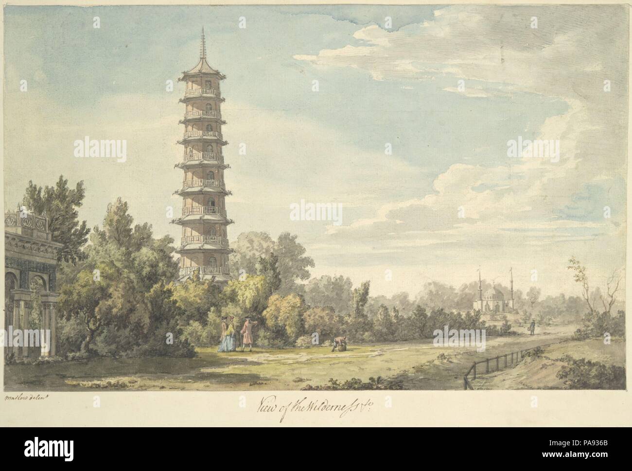 Vista del deserto a Kew. Architetto: Sir William Chambers (britannico nato (Svezia), Göteborg 1723-1796 Londra). Artista: William Marlow (British, Southwark, Londra 1740/41-1813 Twickenham, Londra). Dimensioni: foglio: 11 1/16 x 17 13/16 in. (28,1 x 45,2 cm). Data: 1763. La Magnifica Pagoda cinese di Kew Gardens, progettato nel 1757 da William Chambers, ha sempre attratto molta attenzione. Nella metà del XVIII secolo, la pagoda ha alimentato una rabbia per tali edifici sparsi in tutta Europa e ancor oggi rimane una delle principali mete turistiche londinesi. Questo foglio fa parte di un album con delicat Foto Stock