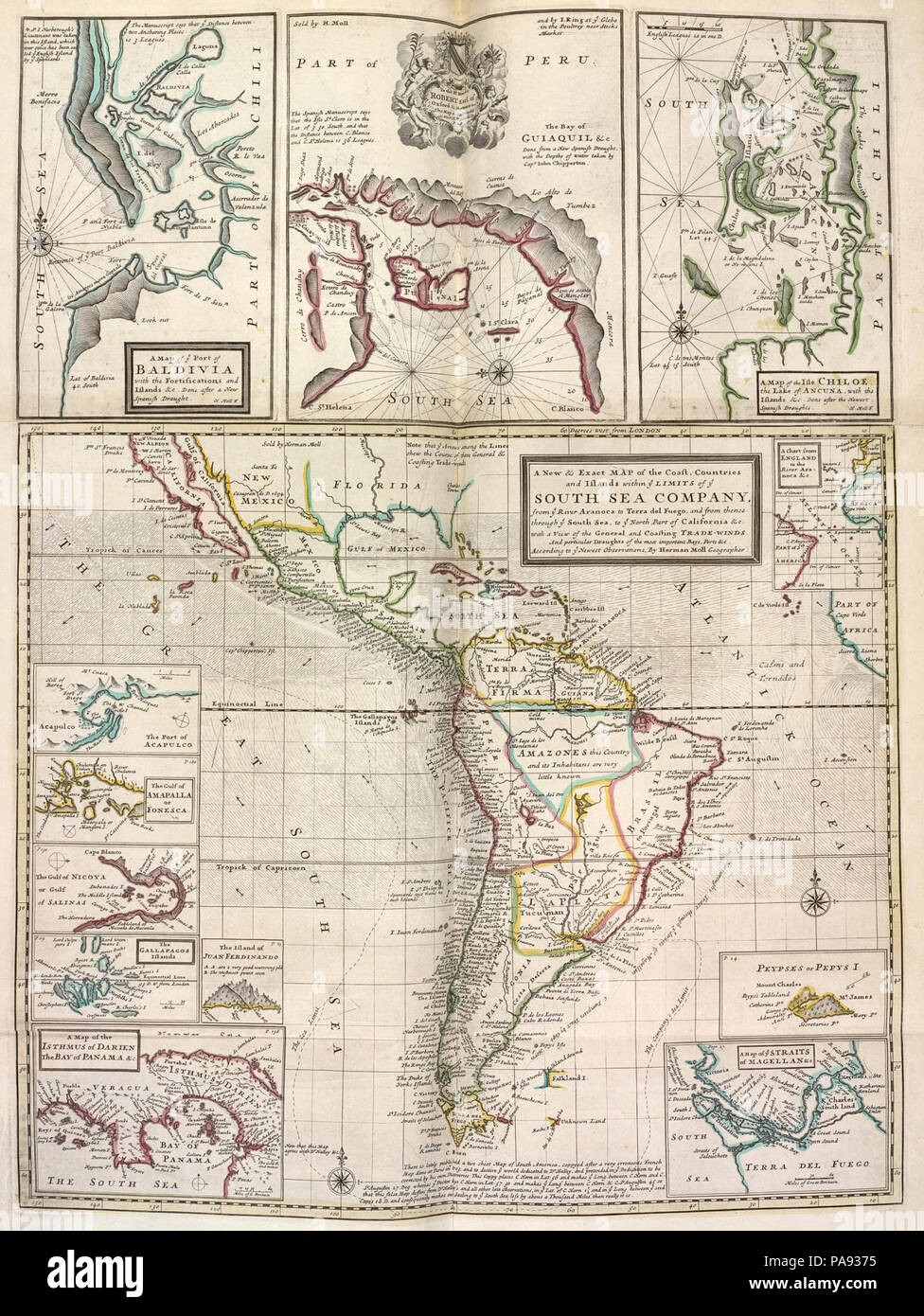 Un nuovo & mappa esatta della costa, i paesi e le isole all'interno di voi limiti di ye South Sea Company, dal fiume voi Aranoca fino alla Terra del Fuoco, e da lì attraverso voi del Mare del Sud, a voi parte nord di Foto Stock