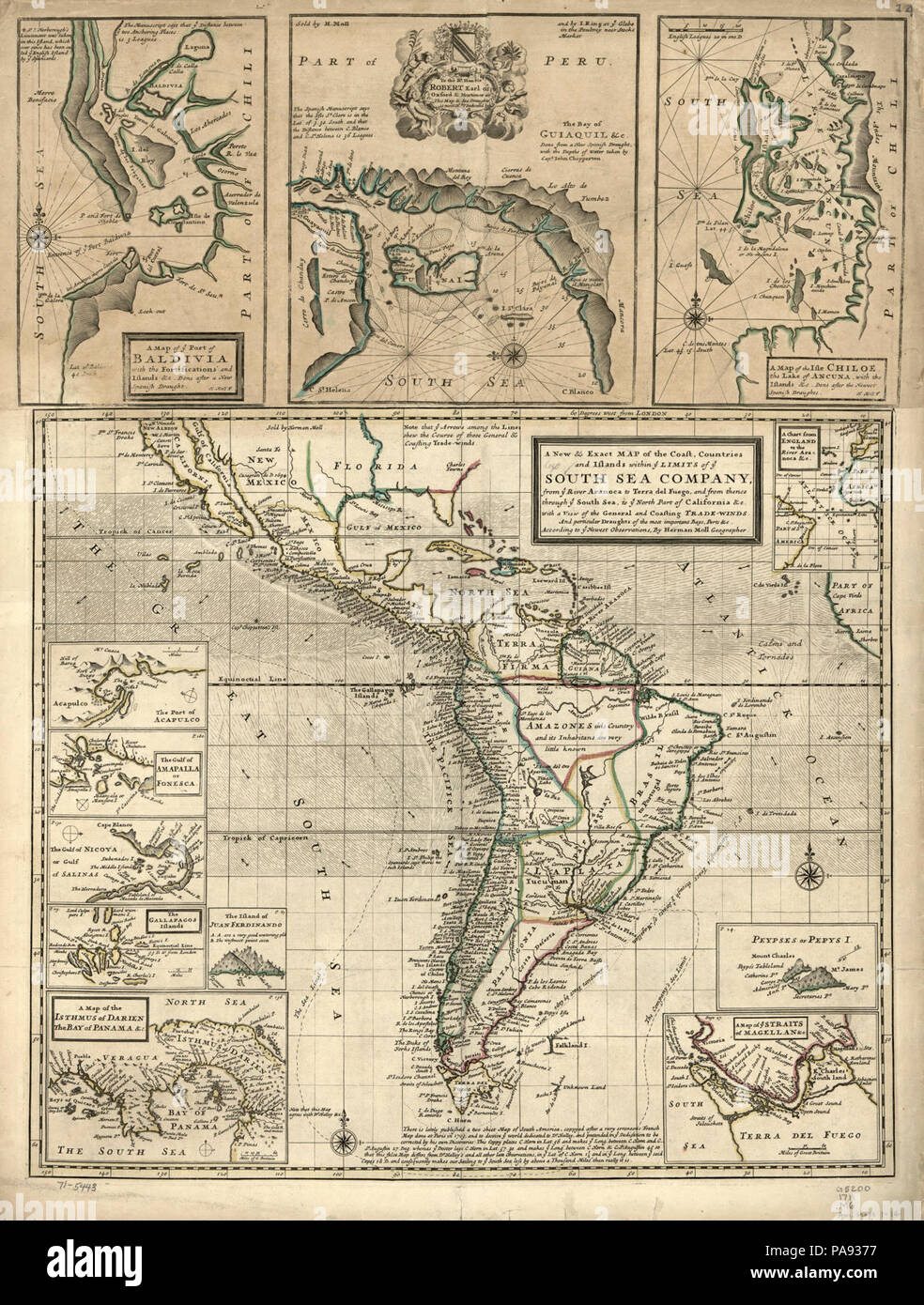 Un nuovo & mappa esatta della costa, i paesi e le isole all'interno di voi limiti di ye South Sea Company, dal fiume voi Aranoca fino alla Terra del Fuoco, e da lì attraverso voi del Mare del Sud, a voi parte nord di Foto Stock