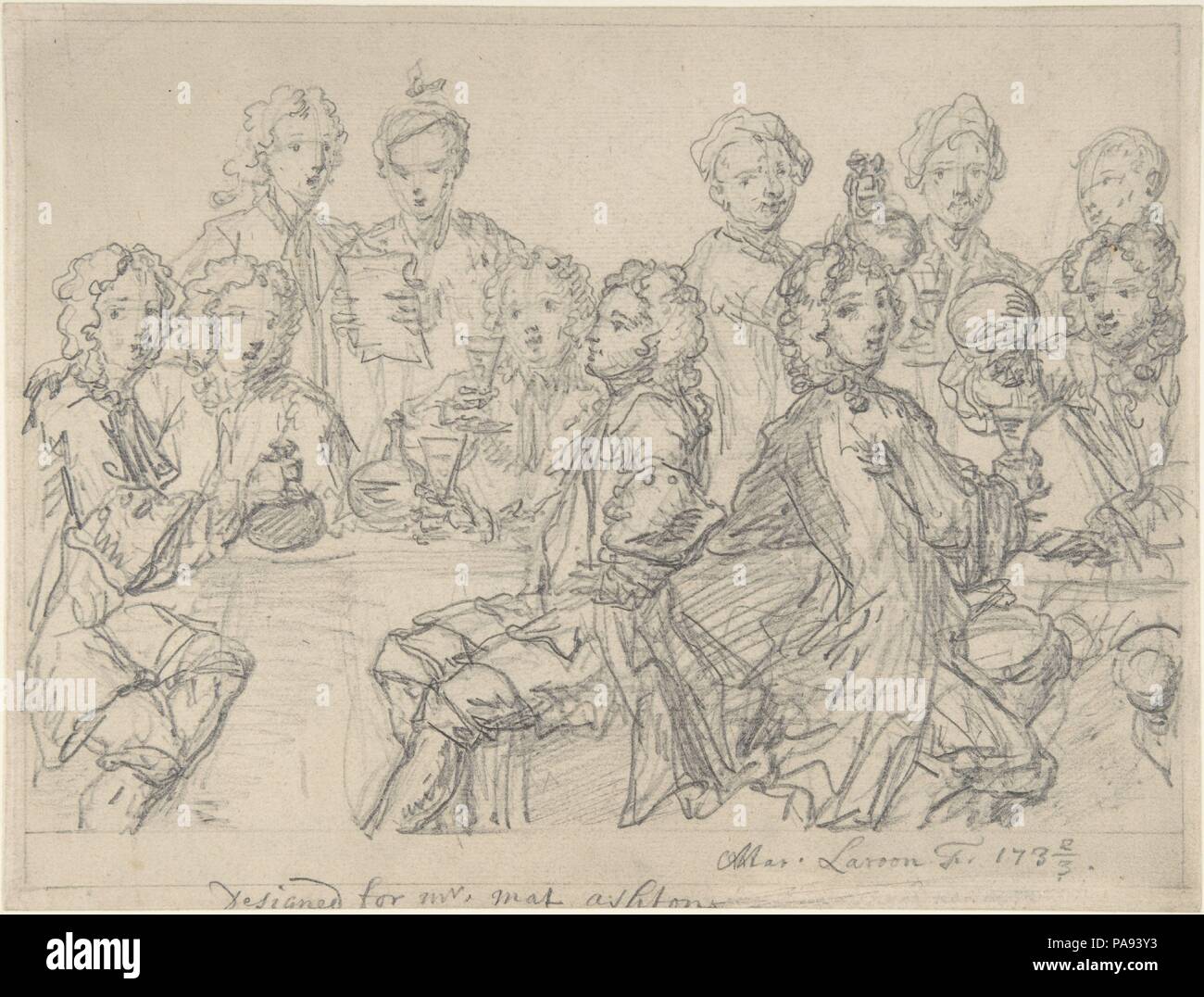 Il gruppo di figure in una tabella. Artista: Marcello Laroon giovani (British, Chiswick 1679-1772 Oxford). Dimensioni: foglio: 7 3/8 x 9 3/4 in. (18,8 x 24,8 cm). Data: 1732-33. Museo: Metropolitan Museum of Art di New York, Stati Uniti d'America. Foto Stock