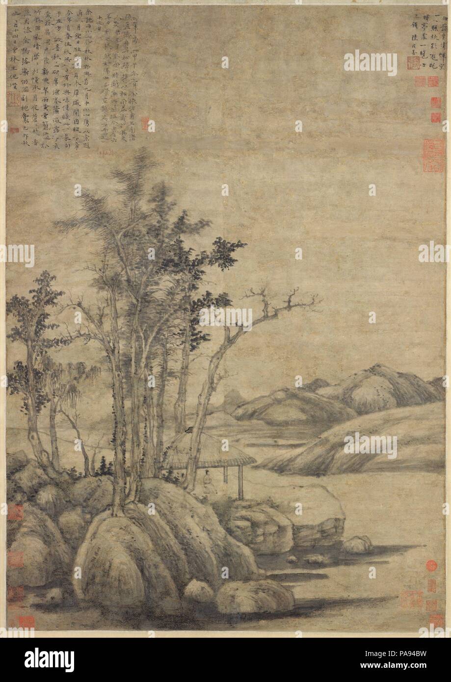 Godendo il deserto in un boschetto di autunno. Artista: Ni Zan (Cinese, 1306-1374). Cultura: la Cina. Dimensioni: Immagine: 38 5/8 x 27 1/8 in. (98,1 x 68,9 cm) complessivamente con montaggio: 106 7/8 x 35 7/8 in. (271.5 x 91,1 cm) in generale con le manopole: 106 7/8 x 40 in. (271.5 x 101,6 cm). Data: datata 1339. Fino a quando i primi 1340s, Ni Zan ha vissuto la vita di un facoltoso dilettante, trascorrere il suo tempo tra i preziosi libri, oggetti di antiquariato, e fiori la purezza del suo Padiglione appartato. Il suo stile di pittura al momento, come si è visto qui, presenta una studiata arcaicità in cui il suo interesse nel dettaglio descrittivo è in contrasto con hi Foto Stock