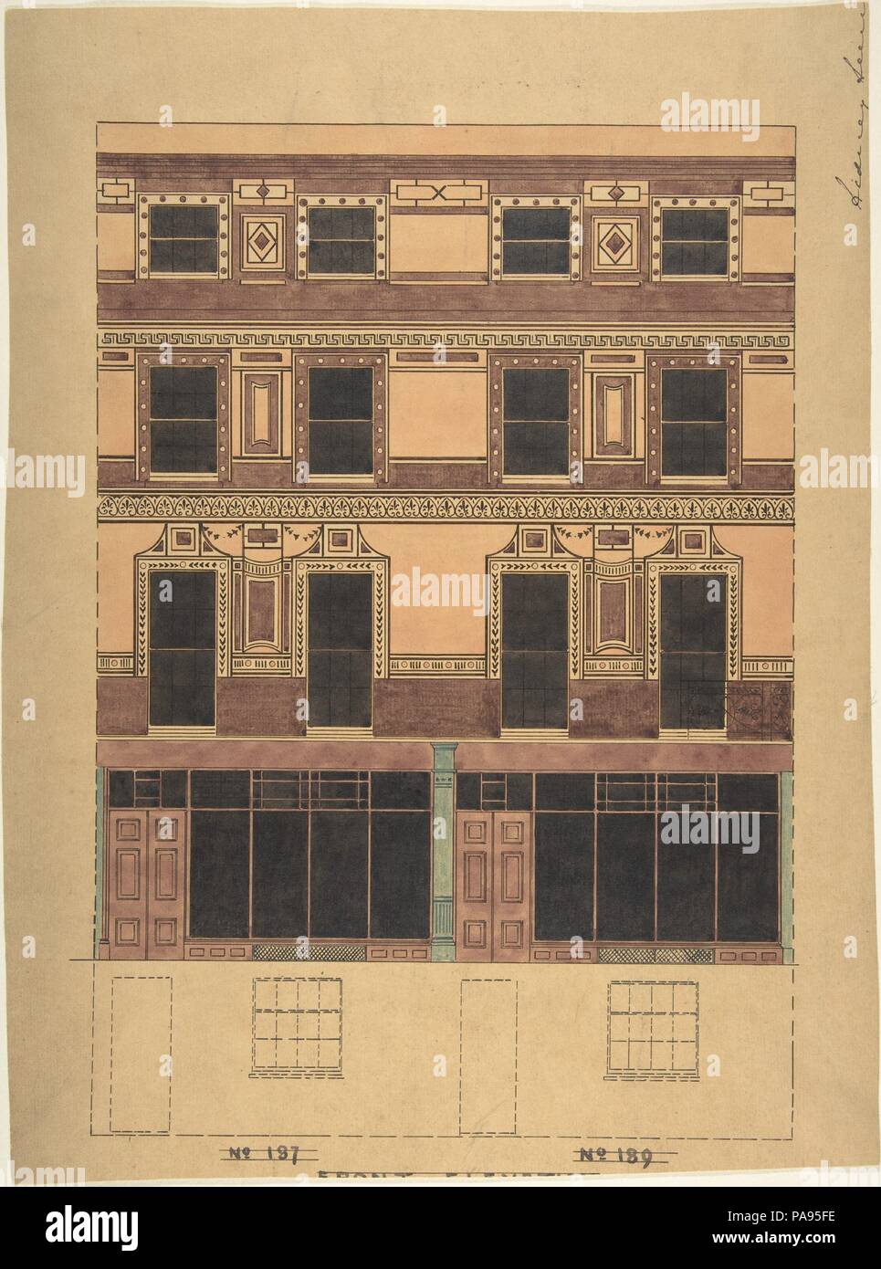 Sezione verticale di una casa Four-Story con parete greca ornamento. Artista: Anonimo, britannici del XIX secolo. Dimensioni: foglio: 12 3/4 x 8 3/4 in. (32,4 x 22,2 cm). Data: del XIX secolo. Museo: Metropolitan Museum of Art di New York, Stati Uniti d'America. Foto Stock