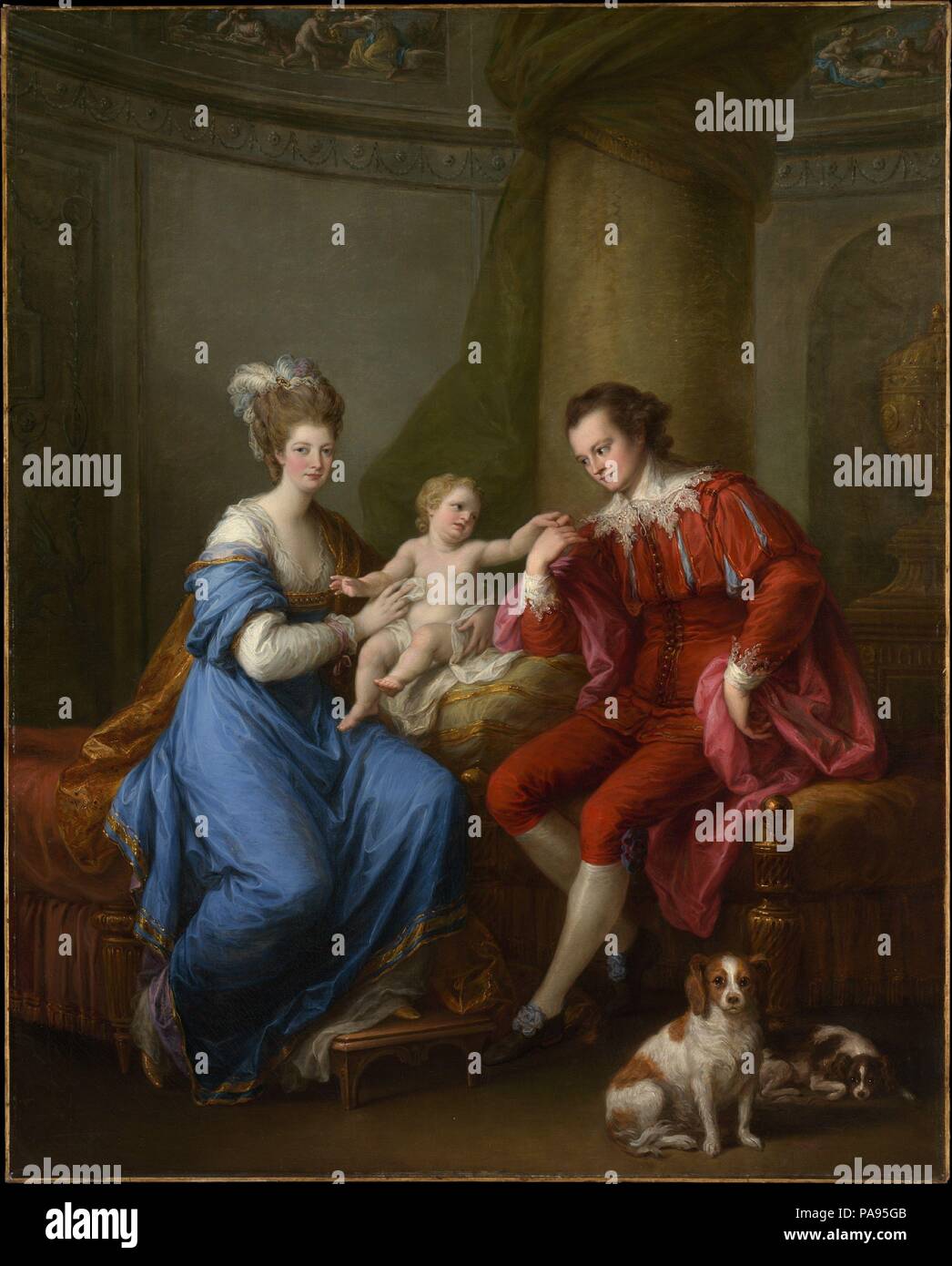 Edward Smith Stanley (1752-1834), dodicesimo Conte di Derby, con la sua prima moglie (Lady Elizabeth Hamilton, 1753-1797) e il loro figlio (Edward Smith Stanley, 1775-1851). Artista: Angelica Kauffmann (Swiss, Chur Roma 1741-1807). Dimensioni: 50 x 40 in. (127 x 101,6 cm). Data: ca. 1776. Il conte e la contessa di Derby si sono sposati nel giugno del 1774 e il loro figlio, qui illustrato, è nato nel mese di aprile 1775. La foto è stata probabilmente dipinto nell'anno successivo. Si tratta di una delle due versioni (l'altra, che è firmato, rimane con il sitter' discendenti). Dopo la signora Derby della morte, earl sposato Elizabeth Farren Foto Stock