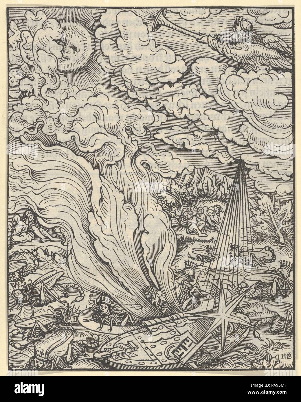 Recto del foglio con la scena del Quinto Trombone, dall'Apocalisse. Artista: Hans Burgkmair (tedesco, Augsburg 1473-1531 Augusta). Dimensioni: foglio: 6 7/16 x 5 1/16 in. (16,3 × 12,9 cm). Pubblicato in: Augsburg. Editore: Silvan Otmar (tedesco, attivo di Augsburg, 1513-40). Serie/Portfolio: l'Apocalisse. Data: 1523-24. La piastra 8 da una serie di 21 xilografie con scene dell'Apocalisse per Martin Lutero di traduzione del Nuovo Testamento. In quattro edizioni sono state pubblicate in Augsburg da Silvan Otmar tra marzo 1523 e aprile 1524. Museo: Metropolitan Museum of Art di New York, Stati Uniti d'America. Foto Stock