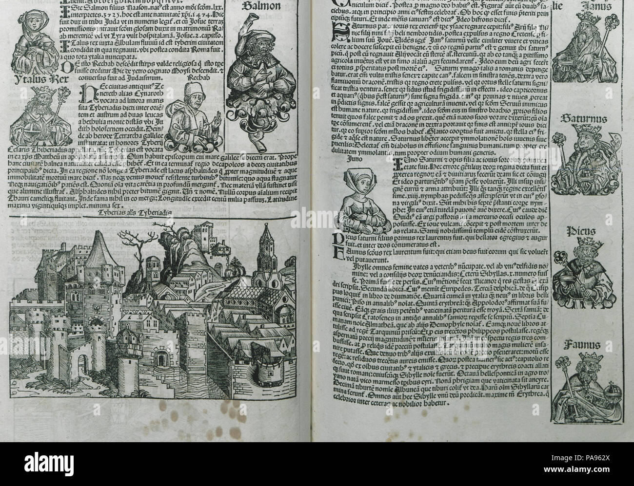 147 Re Italus e dea romana Carmenta, qui indicata come figlia di Evander Genealogia di Cristo- Salmone, Rahab etc) - Schedell Hartmann - 1493 Foto Stock