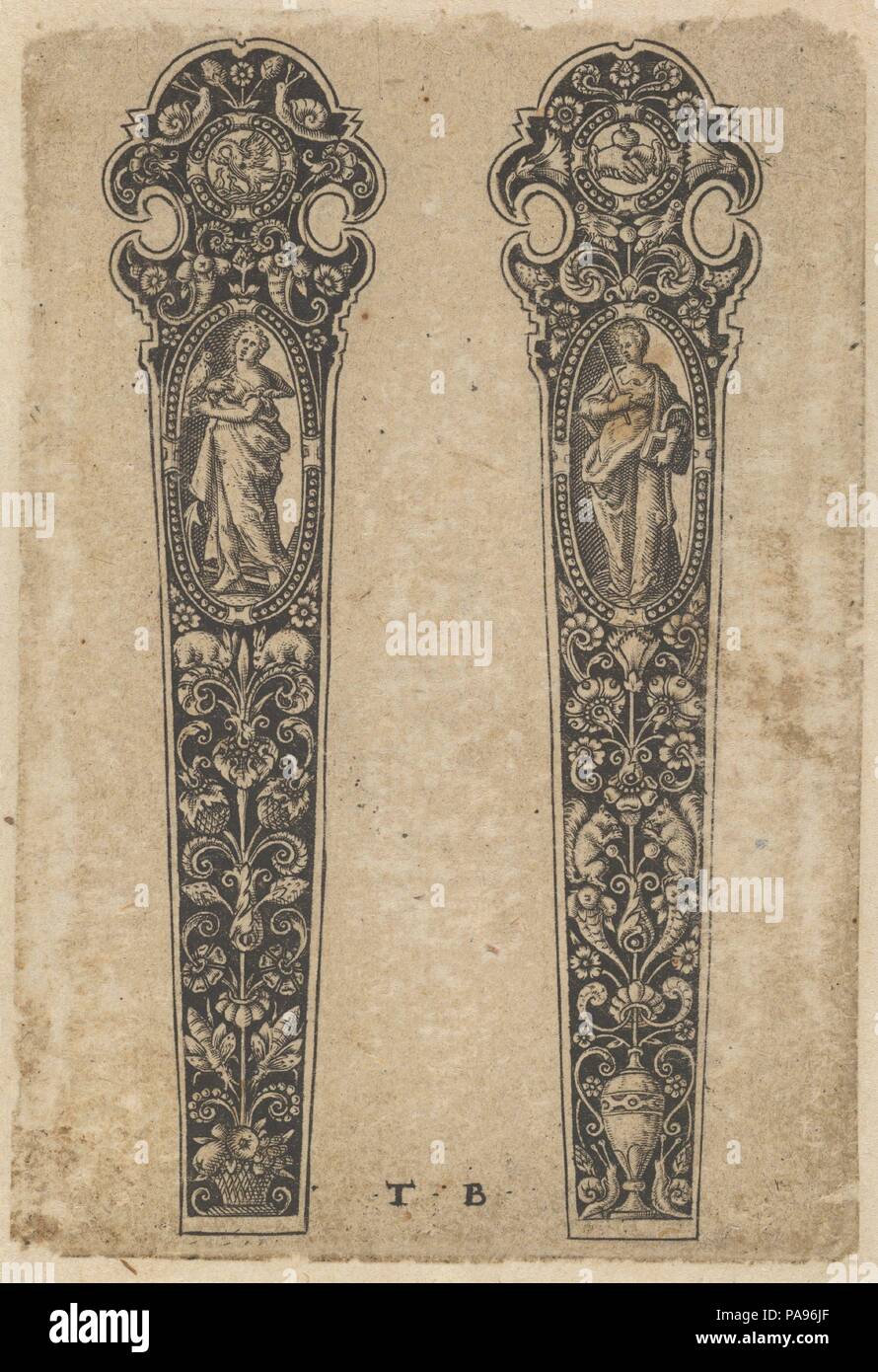 Design per manici per coltelli con le personificazioni della pace e della fede. Artista: attribuita a Johann Theodor de Bry (Netherlandish, Strasburgo 1561-1623 Bad Schwalbach). Dimensioni: foglio: 3 9/16 x 2 7/16 in. (9,1 × 6,2 cm). Data: 1580-1600. Design per un coltello maniglie con la pace personificato come un full-length figura femminile tenendo un uccello nella mano destra nel disegno di sinistra e la fede personificata con un Crocifisso nella mano sinistra e un libro nel suo diritto. Ogni figura è mostrato in un ovale, sopra un candelabro in blackwork design. Museo: Metropolitan Museum of Art di New York, Stati Uniti d'America. Foto Stock