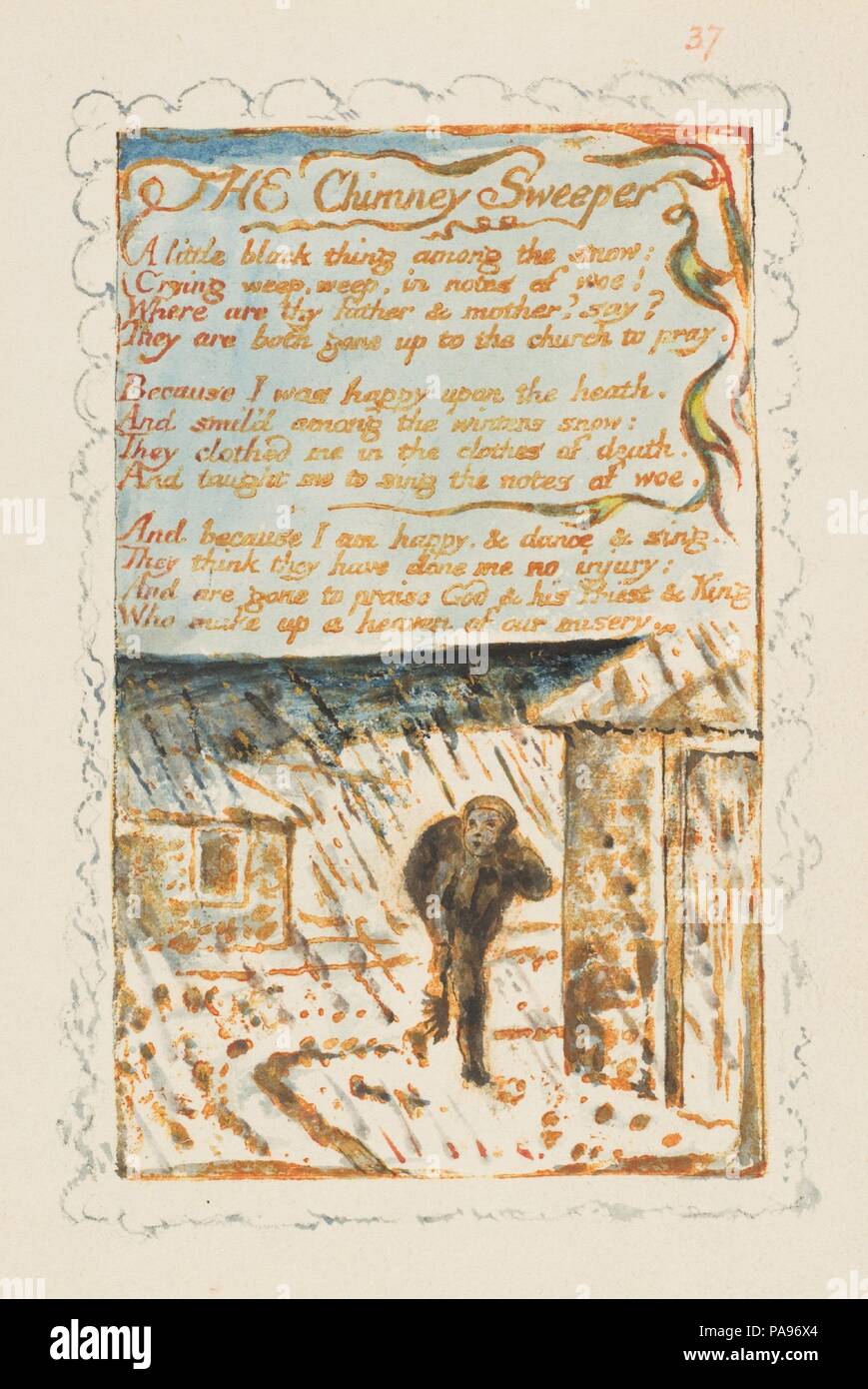 Canti di innocenza e di esperienza: lo spazzacamino. Artista: William Blake (British, Londra Londra 1757-1827). Dimensioni: foglio: 6 3/16 x 5 9/16 in. (15,7 x 14,1 cm). Data: ca. 1825. Museo: Metropolitan Museum of Art di New York, Stati Uniti d'America. Foto Stock