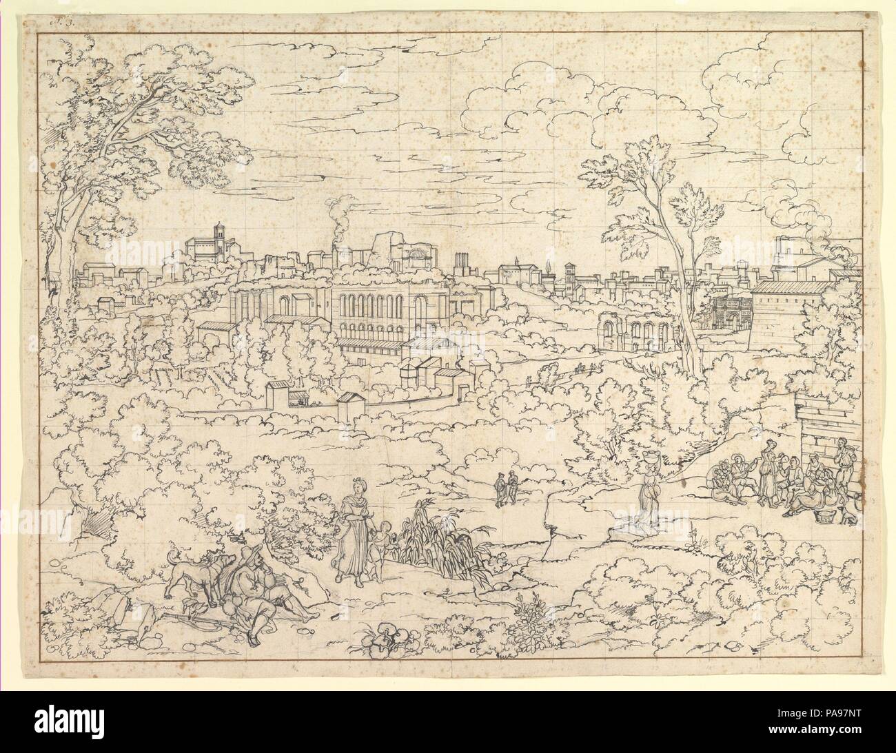 Le rovine dei palazzi imperiali a Roma. Artista: Joseph Anton Koch (austriaco, Obergibeln bei Elbigenalp Roma 1768-1839). Dimensioni: foglio: 14 15/16 x 19 3/8 in. (38 x 49,2 cm). Data: 1810. Koch la precisa definizione--primo in grafite, quindi rinforzata in inchiostro--del paesaggio romano in questo disegno esemplifica dell'artista in stile neoclassico di disegno. Egli presenta una vista da sud-est che include nella terra di mezzo il Palaceof Severus, quattro arcate dell'Aqua Claudia, e l'Arco di Costantino. In lontananza si trovano il campanile di Santa Francesca Romana, la Torre delle Miliz Foto Stock