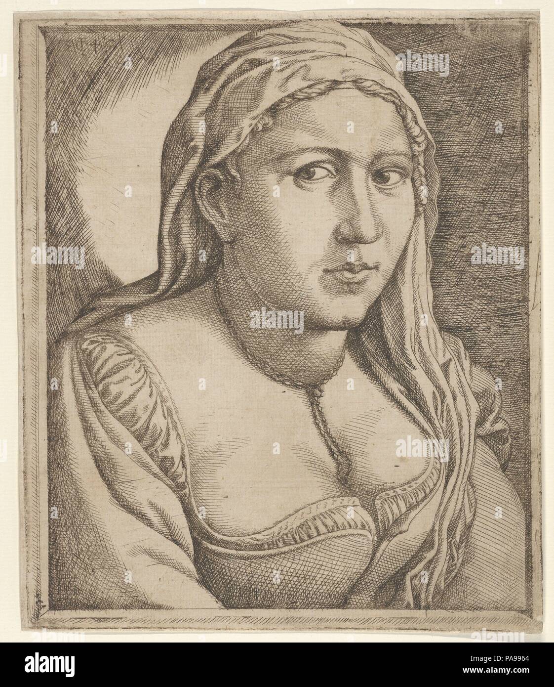 Una donna con il velo. Artista: Jan Cornelisz Vermeyen (Netherlandish, Beverwijk 1500-1559 Bruxelles). Dimensioni: foglio: 8 7/16 x 7 3/16 in. (21,4 × 18,3 cm). Data: 1545. Tra Vermeyen è notevole e insolita incisioni sono diverse rappresentazioni di anonimo sitter femmina mostrato a metà lunghezza. La donna in questa immagine di arresto è illustrato con una franchezza atipico per l'artista. Il suo sguardo penetra il nostro spazio piuttosto che evita, e lei intimamente impegna lo spettatore attraverso la sua solidità scultorea e stato di semi-dress, che porta molti a credere che Vermeyen raffigura la moglie o amante. Museo: Foto Stock