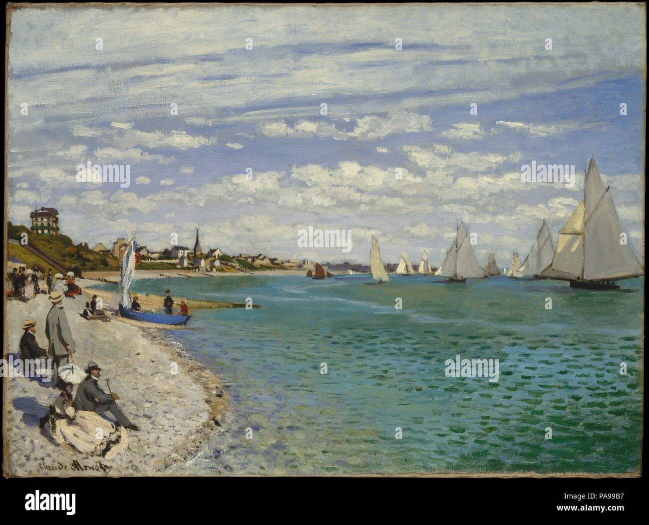 Regata a Sainte-Adresse. Artista: Claude Monet (francese, Parigi 1840-1926 Giverny). Dimensioni: 29 5/8 x 40 in. (75,2 x 101,6 cm). Data: 1867. Monet ha trascorso l'estate del 1867 a Sainte-Adresse, un ben-to-do sobborgo di Le Havre sulla costa della Normandia. Il 25 giugno ha riferito che aveva una ventina di foto in modo osservando, "tra i paesaggi marini, sto facendo le regate di Le Havre con molte figure sulla spiaggia e porto esterno coperto con piccole vele." Questa soleggiata regata, guardato con alta marea da ben vestito borghese, sembra essere stato concepito come una coppia con <i>Spiaggia a Sainte-A Foto Stock