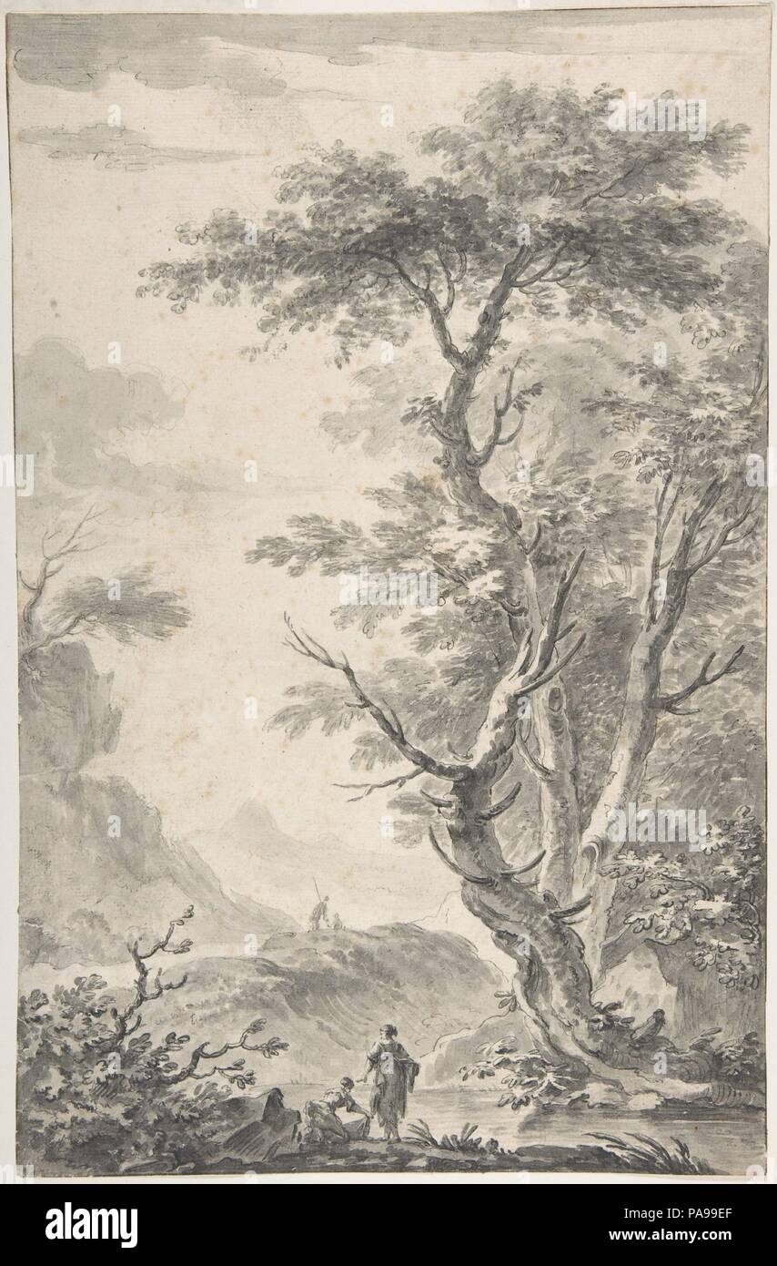 Lavandaia da un ruscello. Artista: attribuito a Jean Pillement (francese, Lione Lione 1728-1808). Dimensioni: 13 x 8 7/16 in. (33 x 21,5 cm). Data: n.d.. Museo: Metropolitan Museum of Art di New York, Stati Uniti d'America. Foto Stock