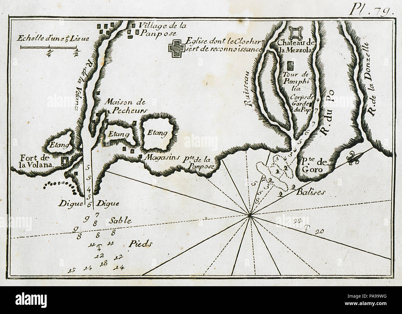 167 Mappa dello Stretto di Volana e il fiume Po, al confine di Ferrara con Veneto - Roux Joseph - 1804 Foto Stock